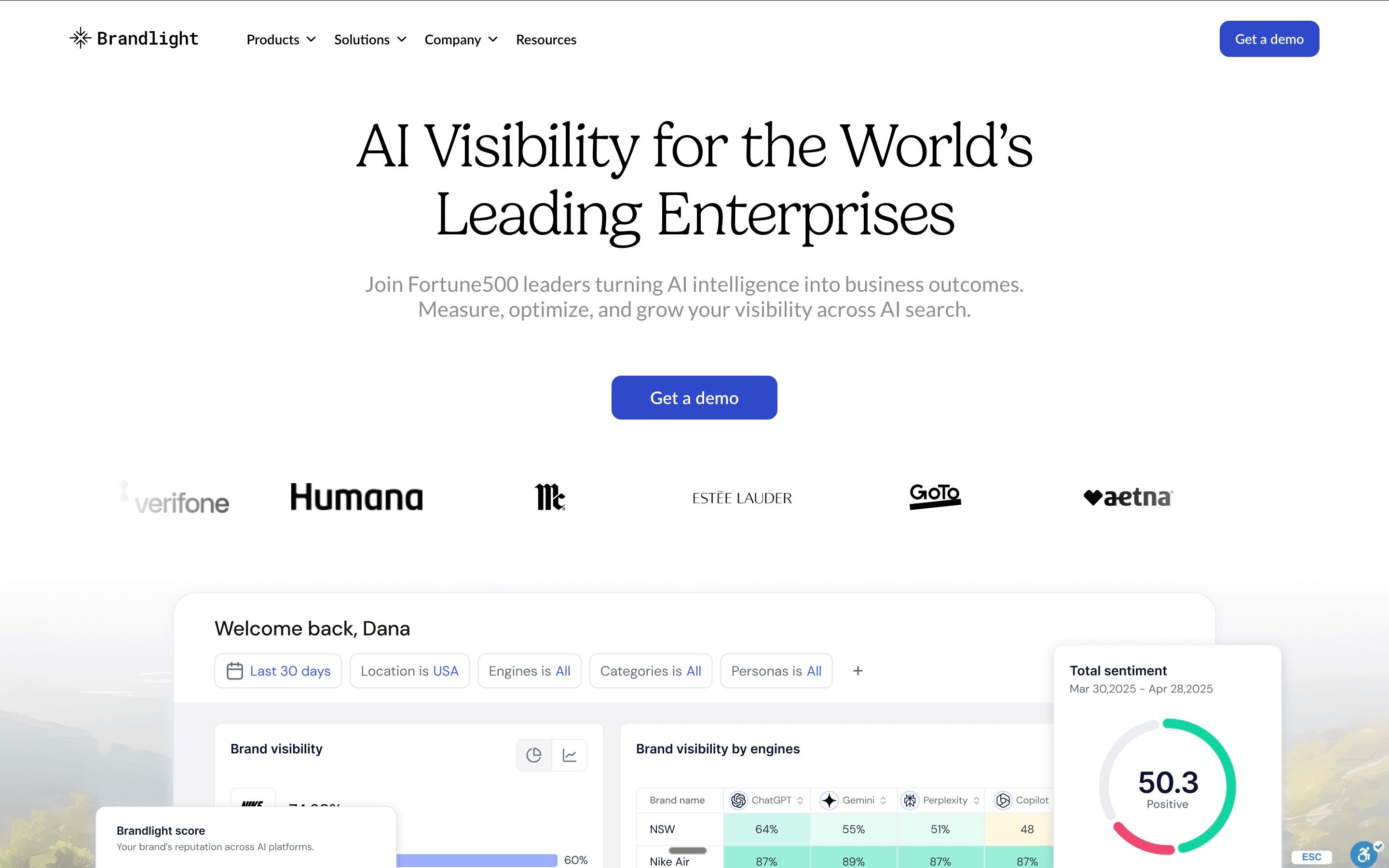 Screenshot of Brandlight highlighting enterprise AI visibility monitoring and partner-led client reporting, designed for large brands and agency delivery at Fortune 500 scale.