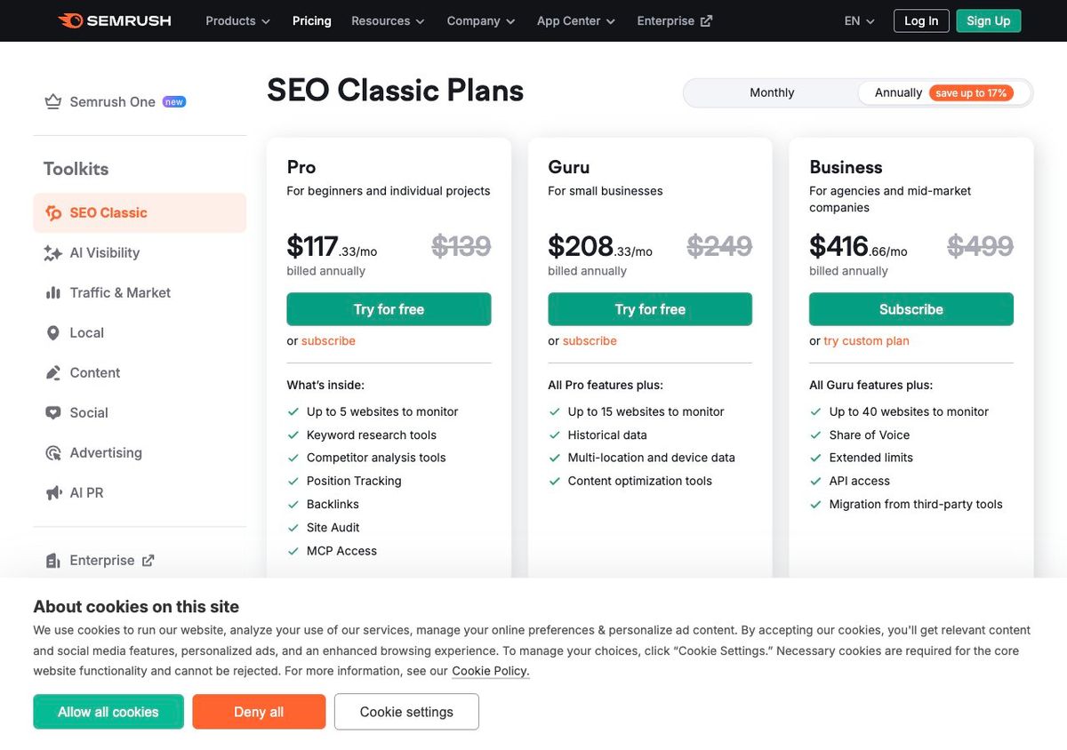 Semrush pricing page — Pro $117.33/mo annual, Guru $208.33/mo annual, Business $416.66/mo annual
