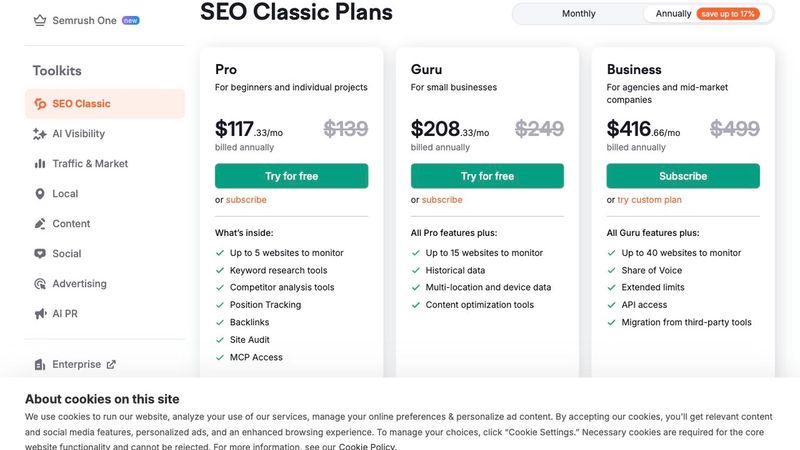 Semrush pricing page — Pro $117.33/mo annual, Guru $208.33/mo annual, Business $416.66/mo annual