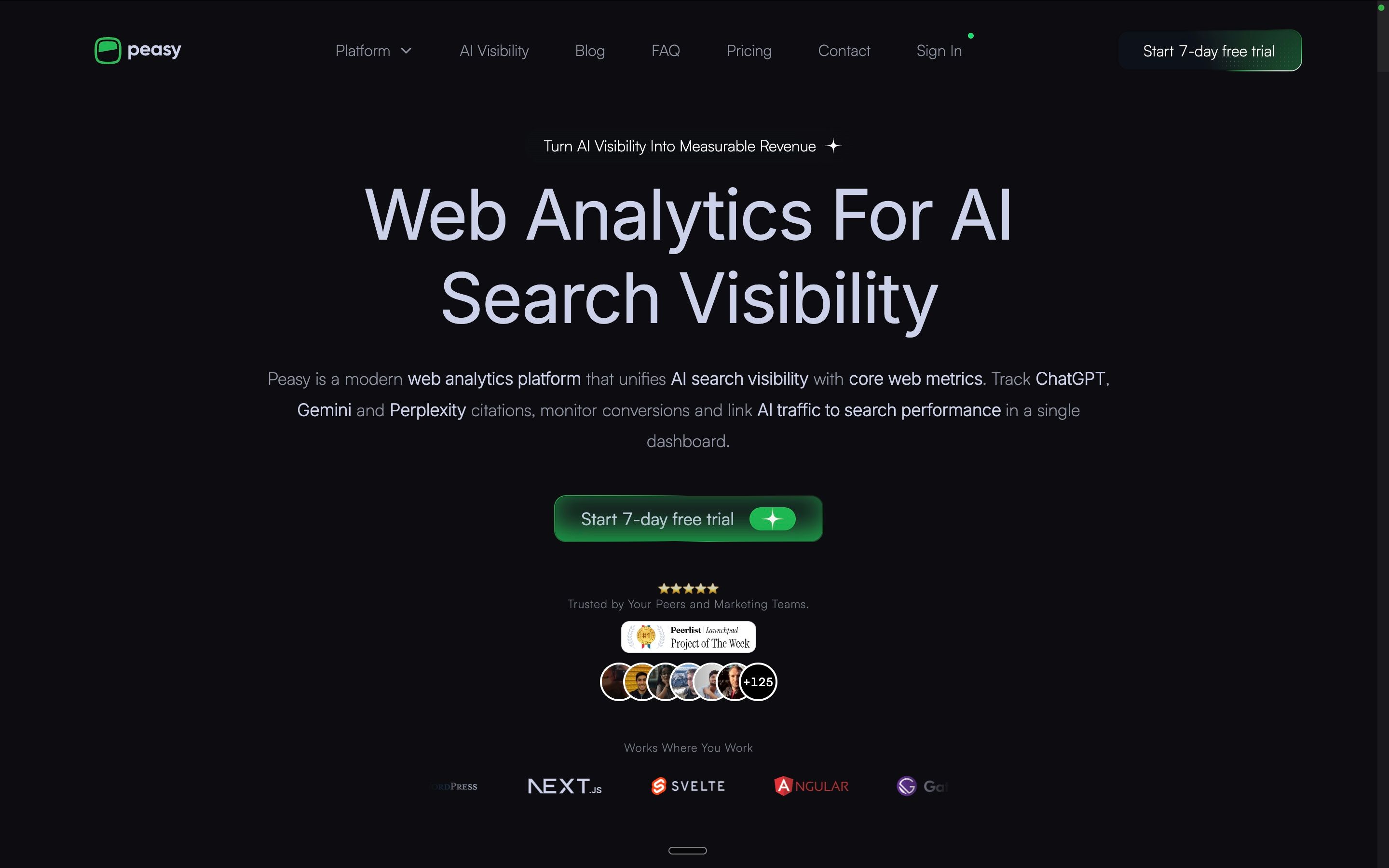 Peasy showing AI referral traffic attribution, crawler analytics, and quoted text insights to measure real conversions from ChatGPT and other assistants