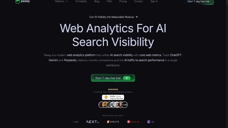 Peasy showing AI referral traffic attribution, crawler analytics, and quoted text insights to measure real conversions from ChatGPT and other assistants