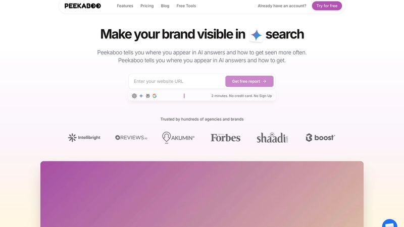 Peekaboo showing multi-engine AI visibility tracking with competitor benchmarking, share of voice insights, and unlimited-seat collaboration for agencies and SMBs.