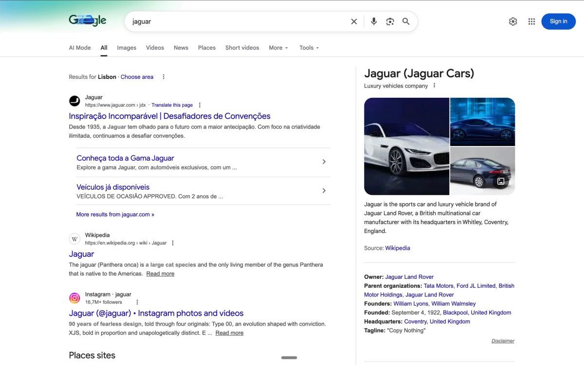 Real SERP screenshot demonstrating Google's semantic understanding of ambiguous "jaguar" query with separate sections for car brand (commercial intent) and animal (informational intent) plus People Also Ask questions and Knowledge Panel disambiguation