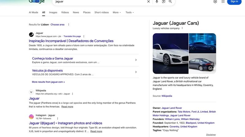 Real SERP screenshot demonstrating Google's semantic understanding of ambiguous "jaguar" query with separate sections for car brand (commercial intent) and animal (informational intent) plus People Also Ask questions and Knowledge Panel disambiguation