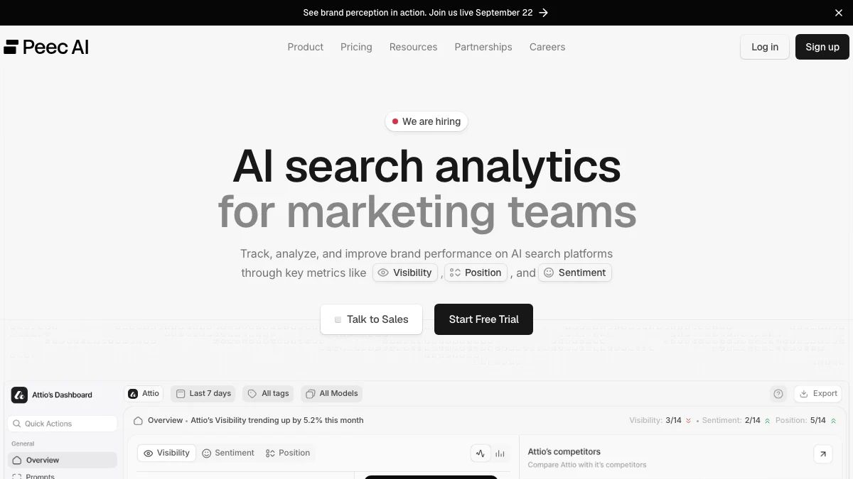Peec AI website homepage, captured in September 2026