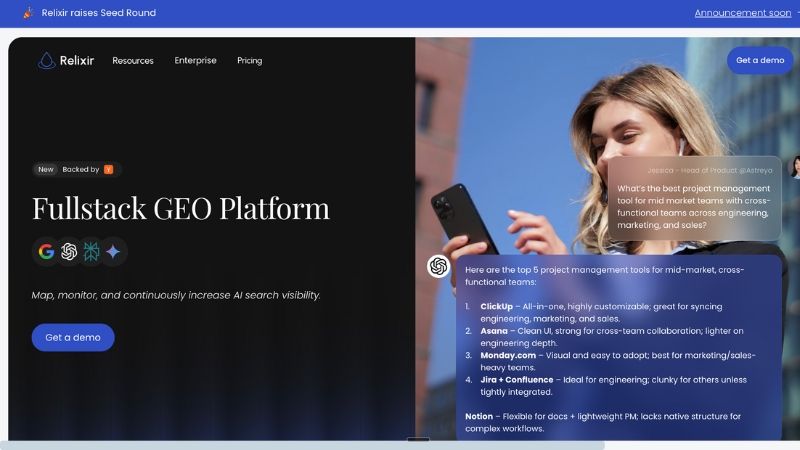 Screenshot of Relixir AI showing generative engine optimization testing across AI models.