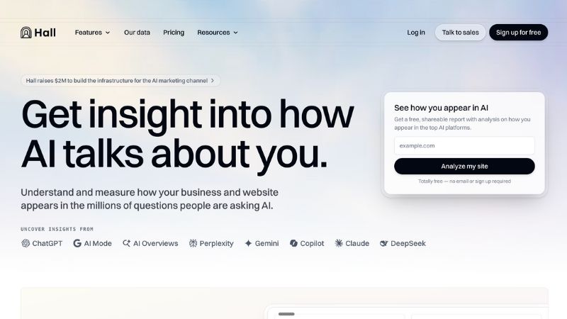 Hall multi-channel e-commerce platform tracking 8 AI engines including DeepSeek and Meta AI with agent analytics, conversational commerce module for optimizing AI-driven sales, and free plan with 10 prompts - best tool for agentic commerce and multi-channel e-commerce visibility