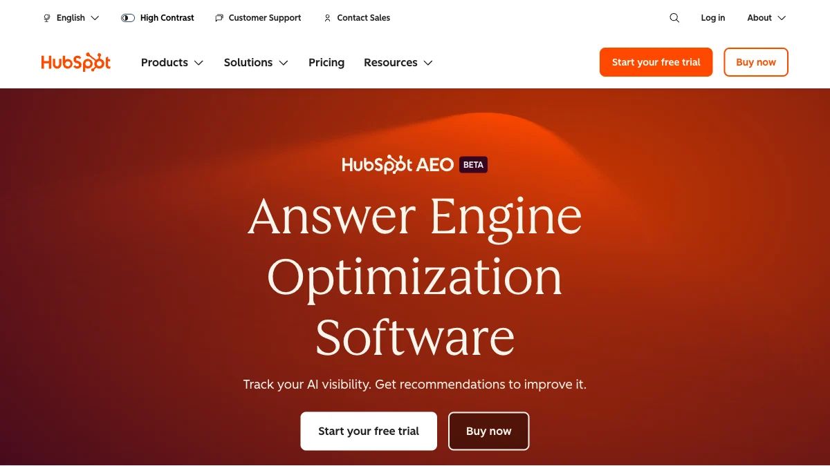 HubSpot AEO product page, captured in October 2026