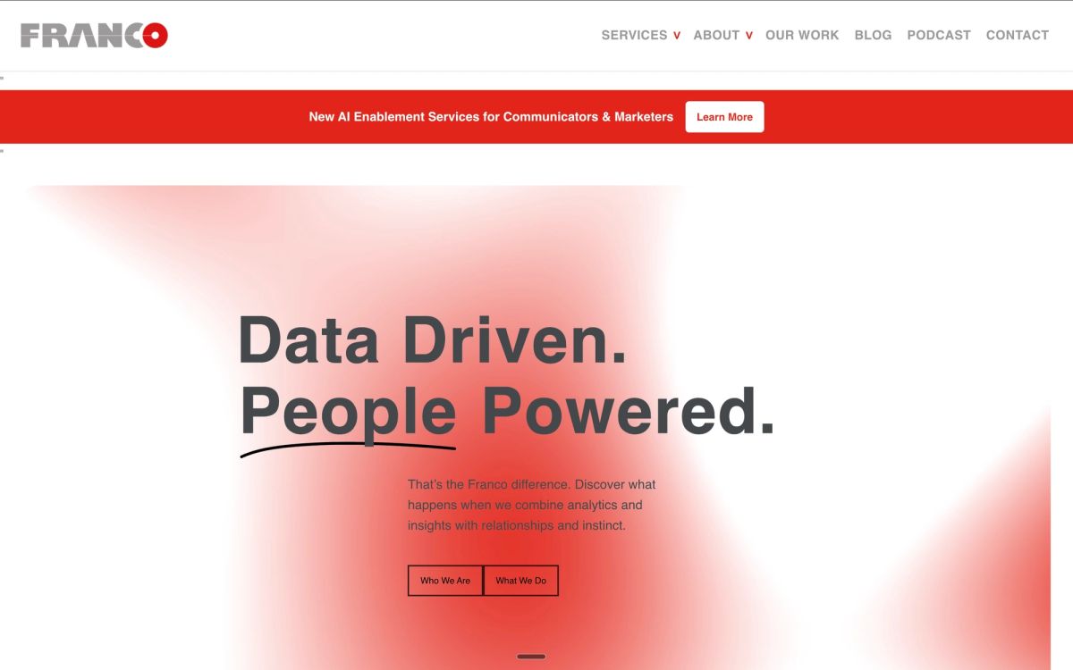 Franco communications agency homepage showing 1964 founding with modern AI revolution embrace, highlighting ethical and effective AI enablement as proud AI Peekaboo partner