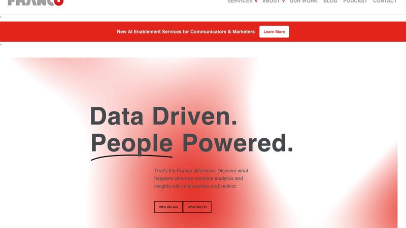 Franco communications agency homepage showing 1964 founding with modern AI revolution embrace, highlighting ethical and effective AI enablement as proud AI Peekaboo partner