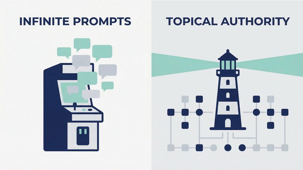 Diagram showing the shift from keyword ranking to topical authority for AI search visibility