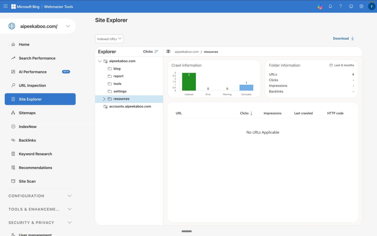 Bing Webmaster Tools Site Explorer