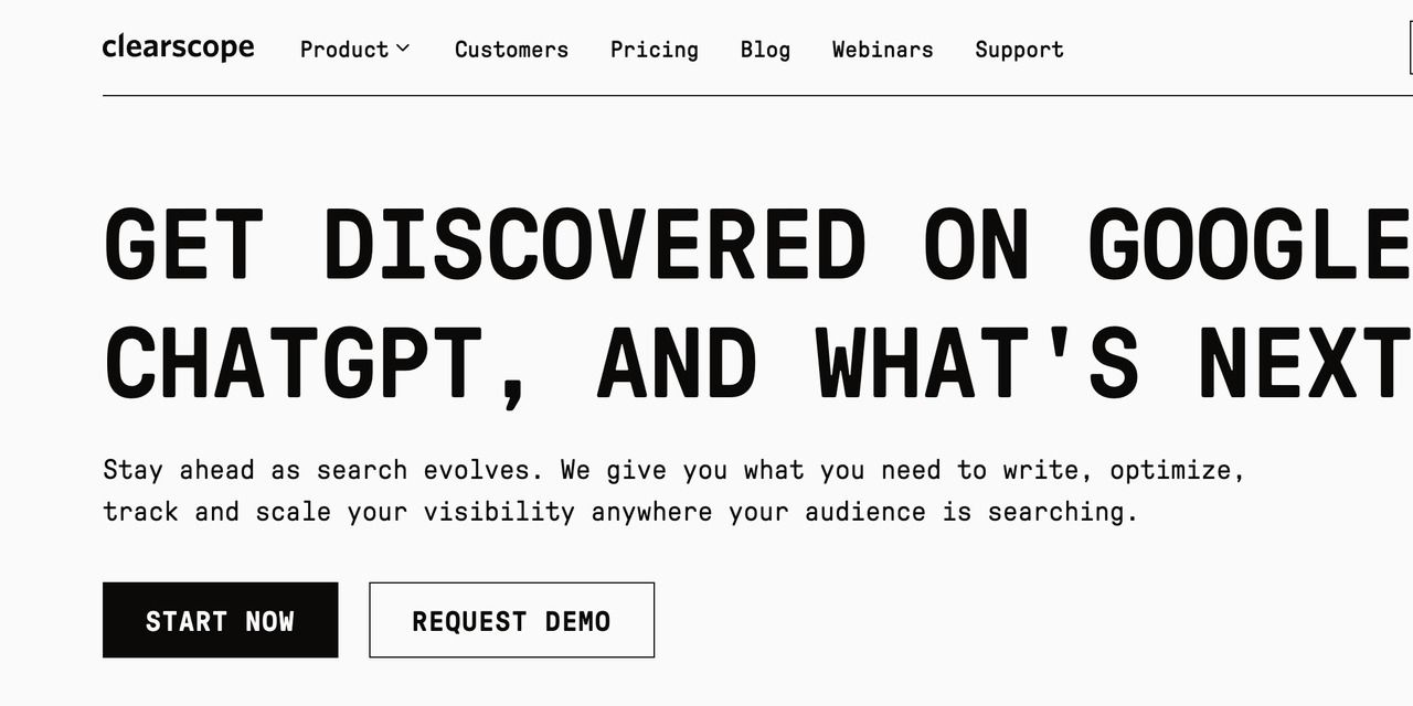 Clearscope homepage hero: Get Discovered on Google, ChatGPT, and What's Next