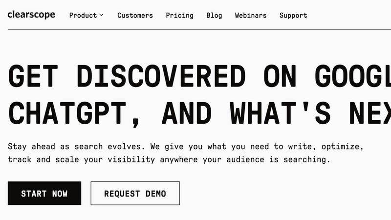 Clearscope homepage hero: Get Discovered on Google, ChatGPT, and What's Next