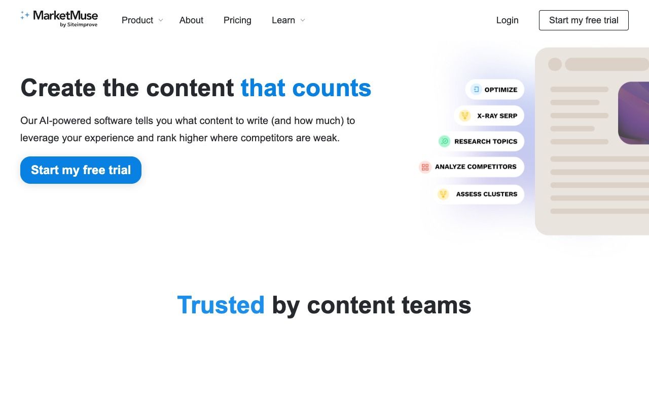 MarketMuse homepage hero section — content intelligence and topical authority platform