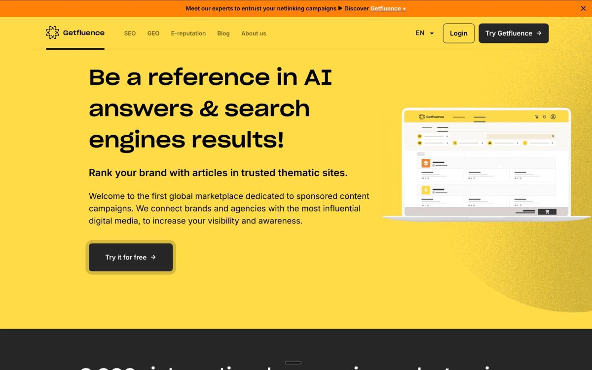 GetFluence global marketplace homepage showing evolution from sponsored content platform to powerful GEO player, highlighting catalog of 45,000+ premium media outlets securing high-authority placements building brand credibility and influencing LLMs
