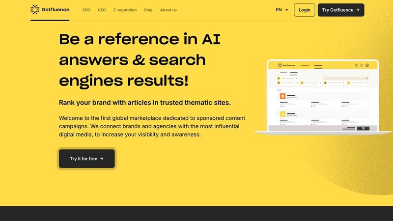 GetFluence global marketplace homepage showing evolution from sponsored content platform to powerful GEO player, highlighting catalog of 45,000+ premium media outlets securing high-authority placements building brand credibility and influencing LLMs