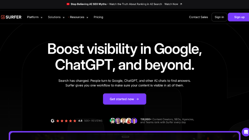 Screenshot of Surfer AI Tracker showing AI visibility and content tracking integrated with Surfer SEO.