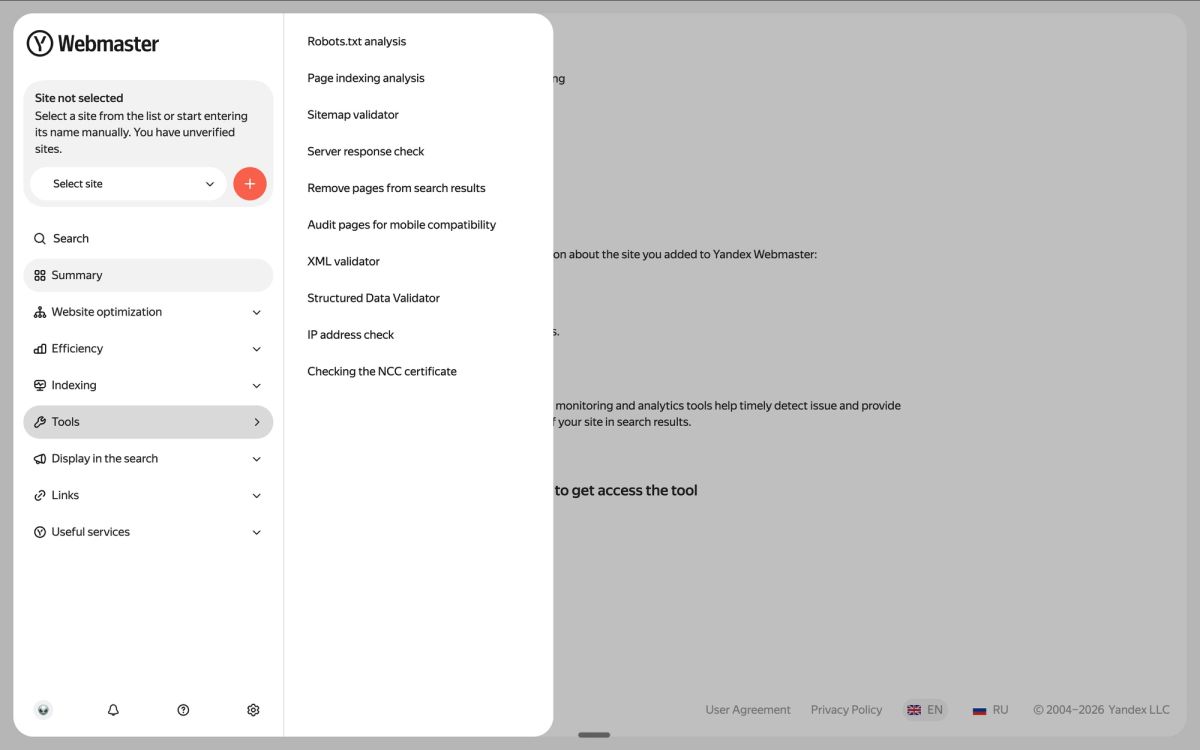 Yandex Webmaster Tools