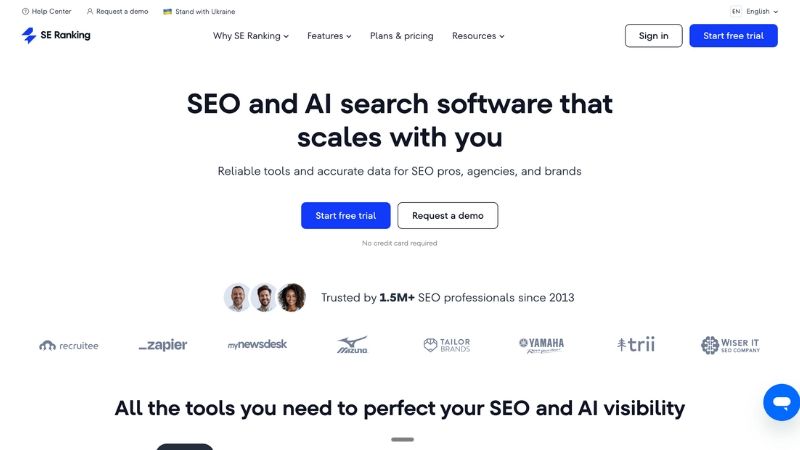 SE Ranking dashboard showing keyword rank tracking, GEO monitoring, and agency reporting features