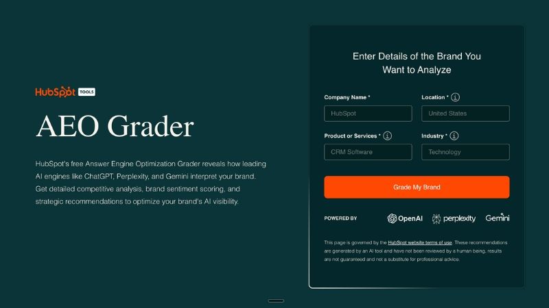 Screenshot of HubSpot AEO Grader showing AI visibility scores and sentiment analysis for brand performance across ChatGPT and other AI engines.