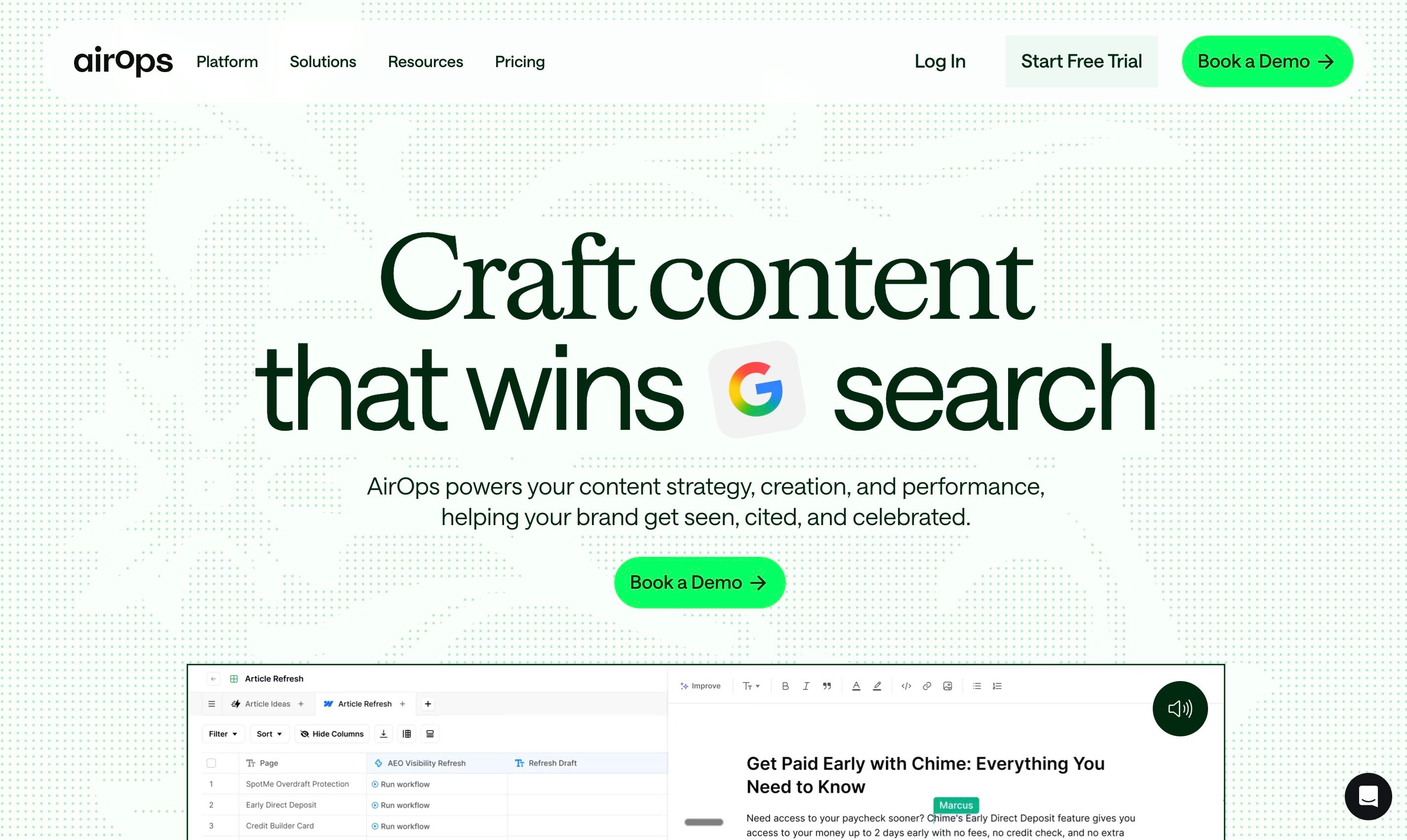 AirOps workflow builder showing automated AI operations for monitoring and content execution workflows
