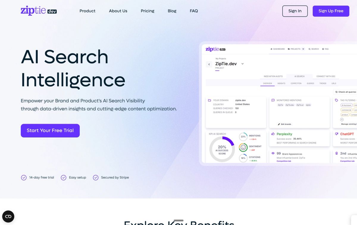 ZipTie showing Google AI Overviews tracking with AI Success Score and content optimization recommendations tied to visibility gaps