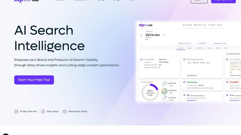 ZipTie showing Google AI Overviews tracking with AI Success Score and content optimization recommendations tied to visibility gaps