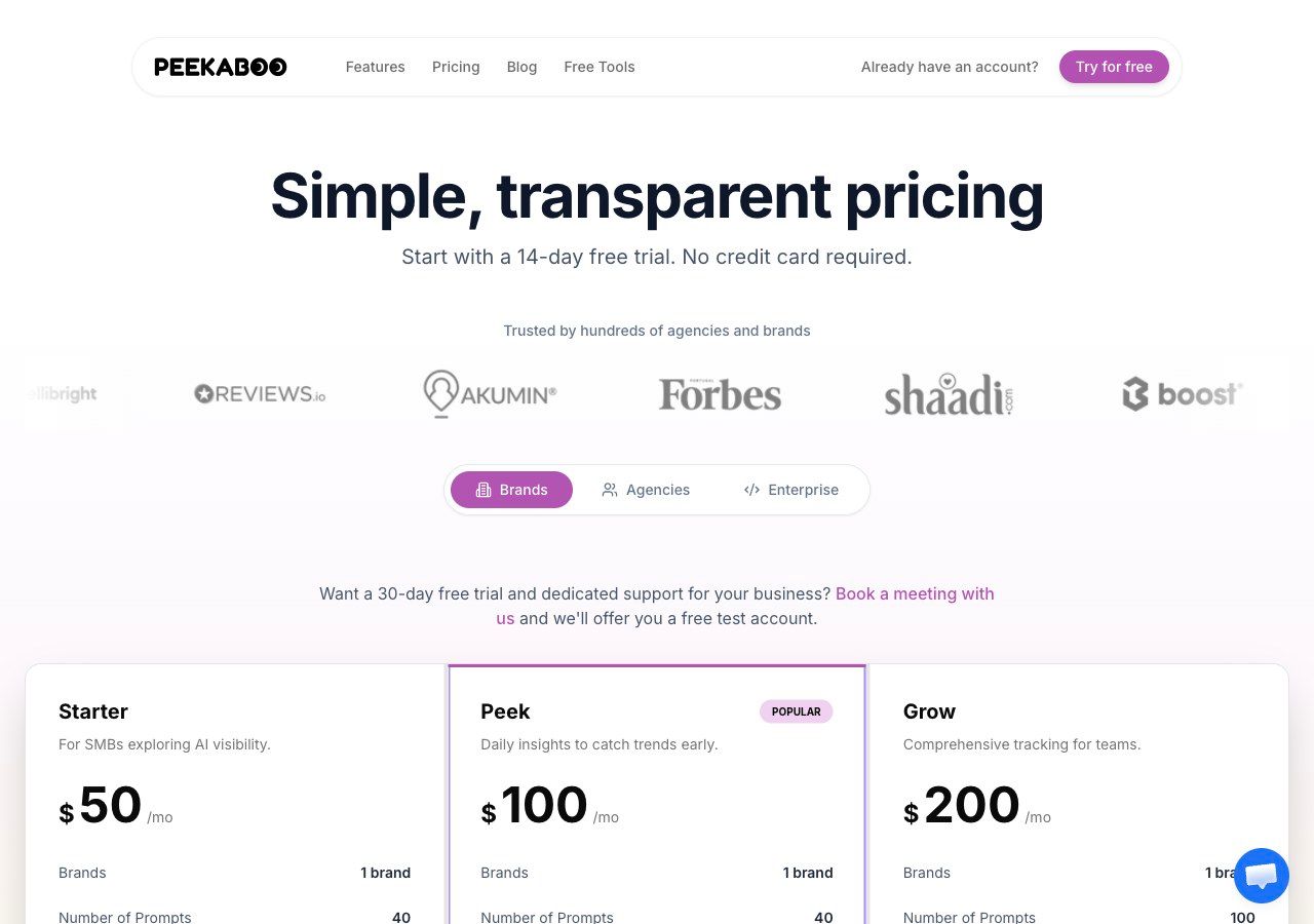 AI Peekaboo pricing page — transparent monthly plans from $50/mo with 14-day free trial