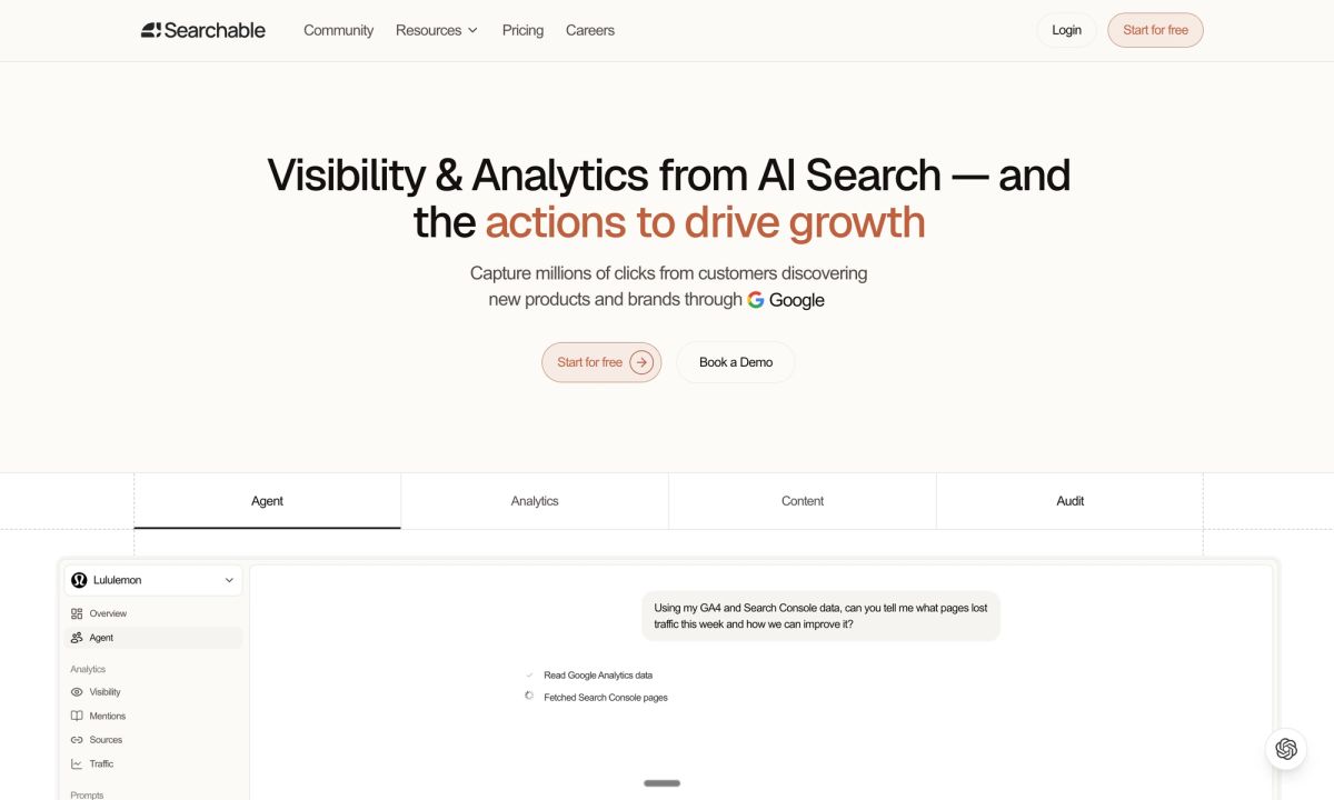 Searchable workspace combining AI visibility reports with an editor for generating and optimizing SaaS marketing content and blog articles