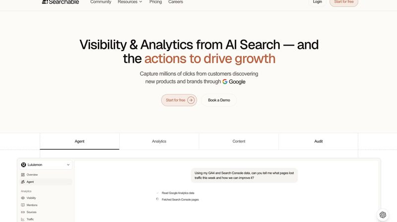 Searchable dashboard combining AI visibility monitoring with GA4 and GSC integrations for attribution
