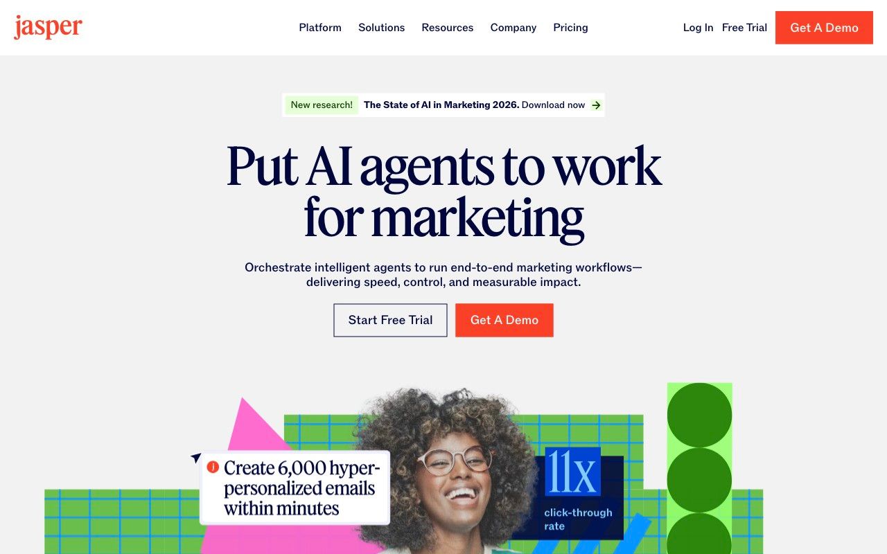 Jasper homepage hero section — AI content creation platform for marketing teams