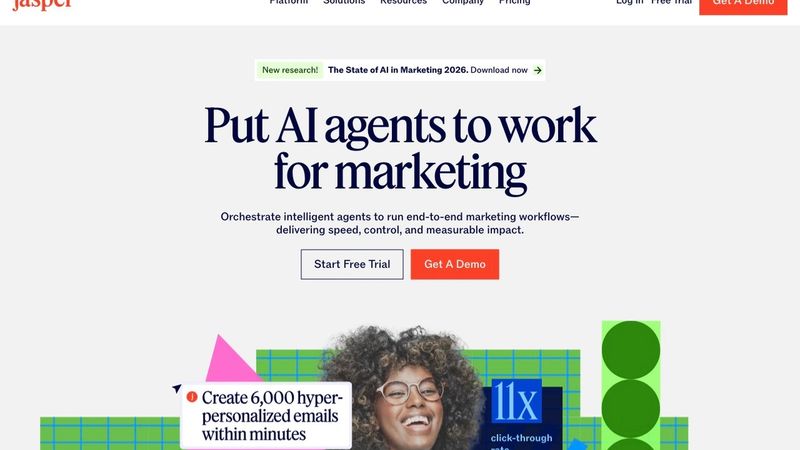 Jasper homepage hero section — AI content creation platform for marketing teams