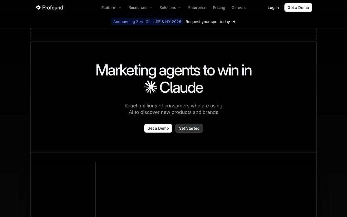 Profound homepage hero section — AI search visibility and content marketing platform