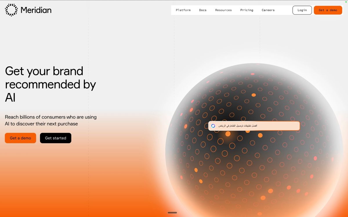 Meridian showing e-commerce AI visibility tracking with product-level recommendations, citation sources, and content opportunities for online stores