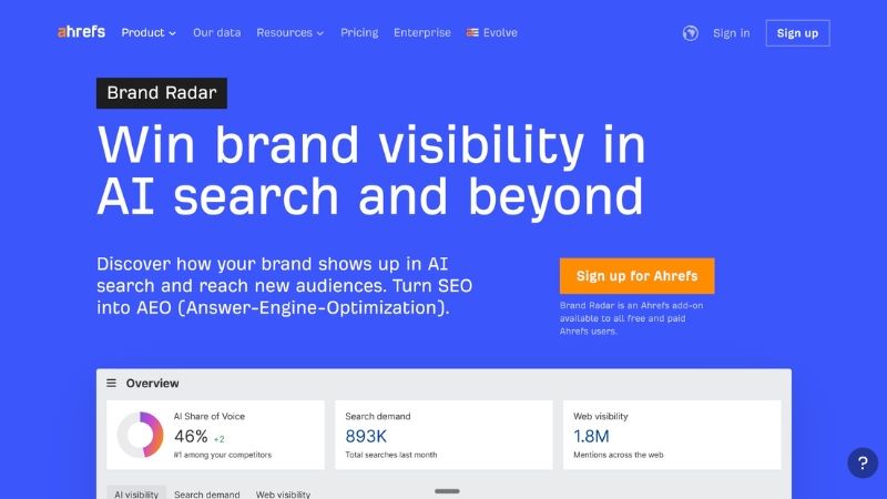 Ahrefs Brand Radar screen highlighting SaaS brand mentions and visibility across web pages and AI-generated results within the Ahrefs interface