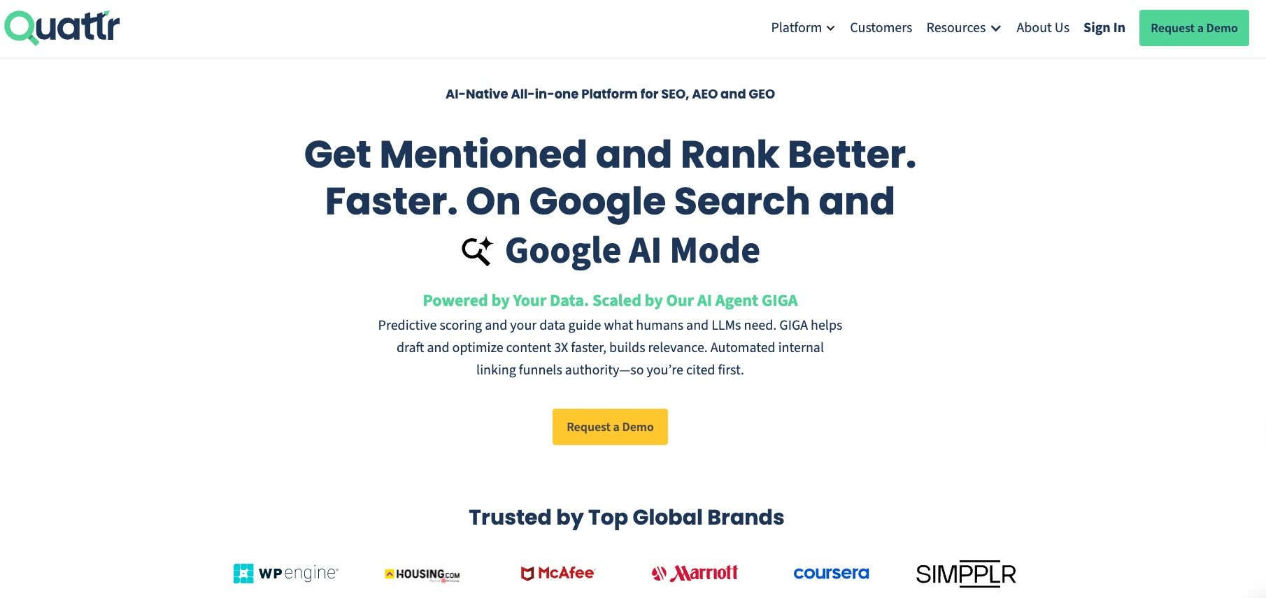 Quattr enterprise SEO platform dashboard showing AI citation tracking, brand visibility metrics, and content optimization tools for SaaS companies