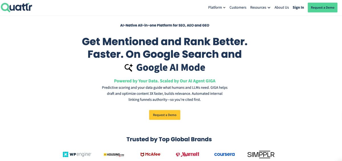 Quattr enterprise SEO platform dashboard showing AI citation tracking, brand visibility metrics, and content optimization tools for SaaS companies