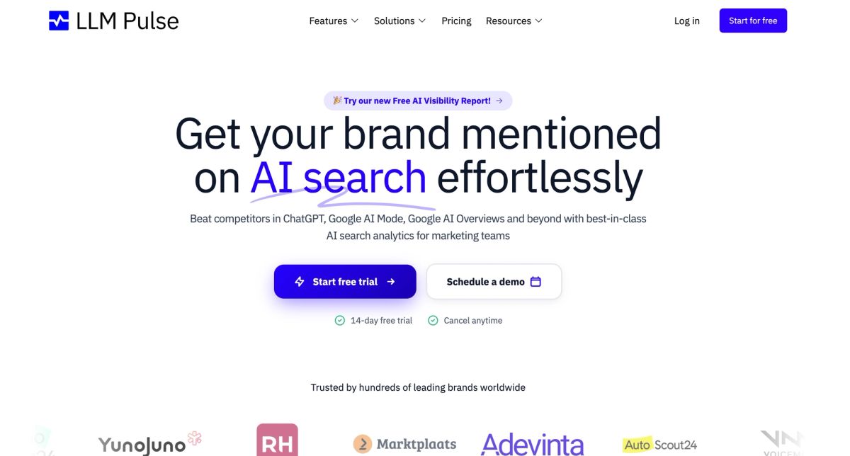 LLMPulse keyword-centric AI visibility platform with white-label reporting tracking 5 major AI engines and weekly updates starting at €49/month - best Otterly AI alternative for agencies needing keyword-focused brand monitoring with client reporting