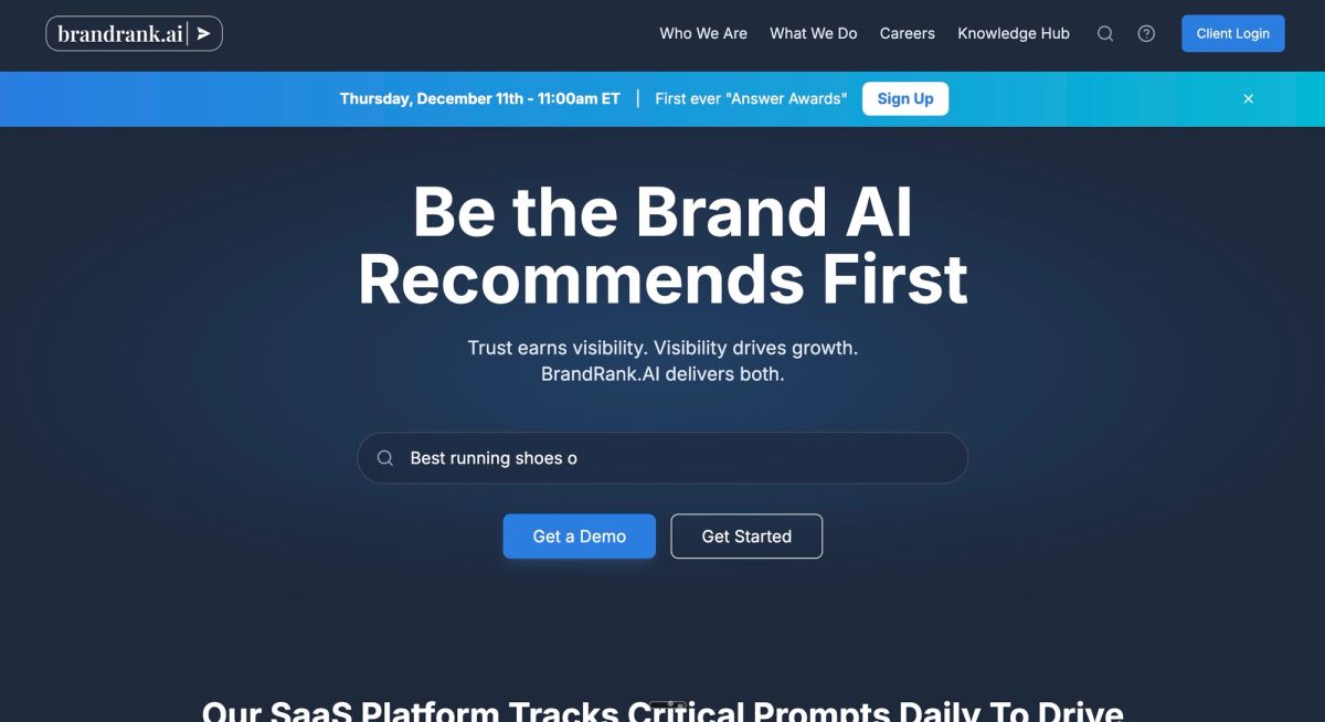 Screenshot of BrandRank AI platform as an alternative to xFunnel AI for enterprise brand visibility analytics