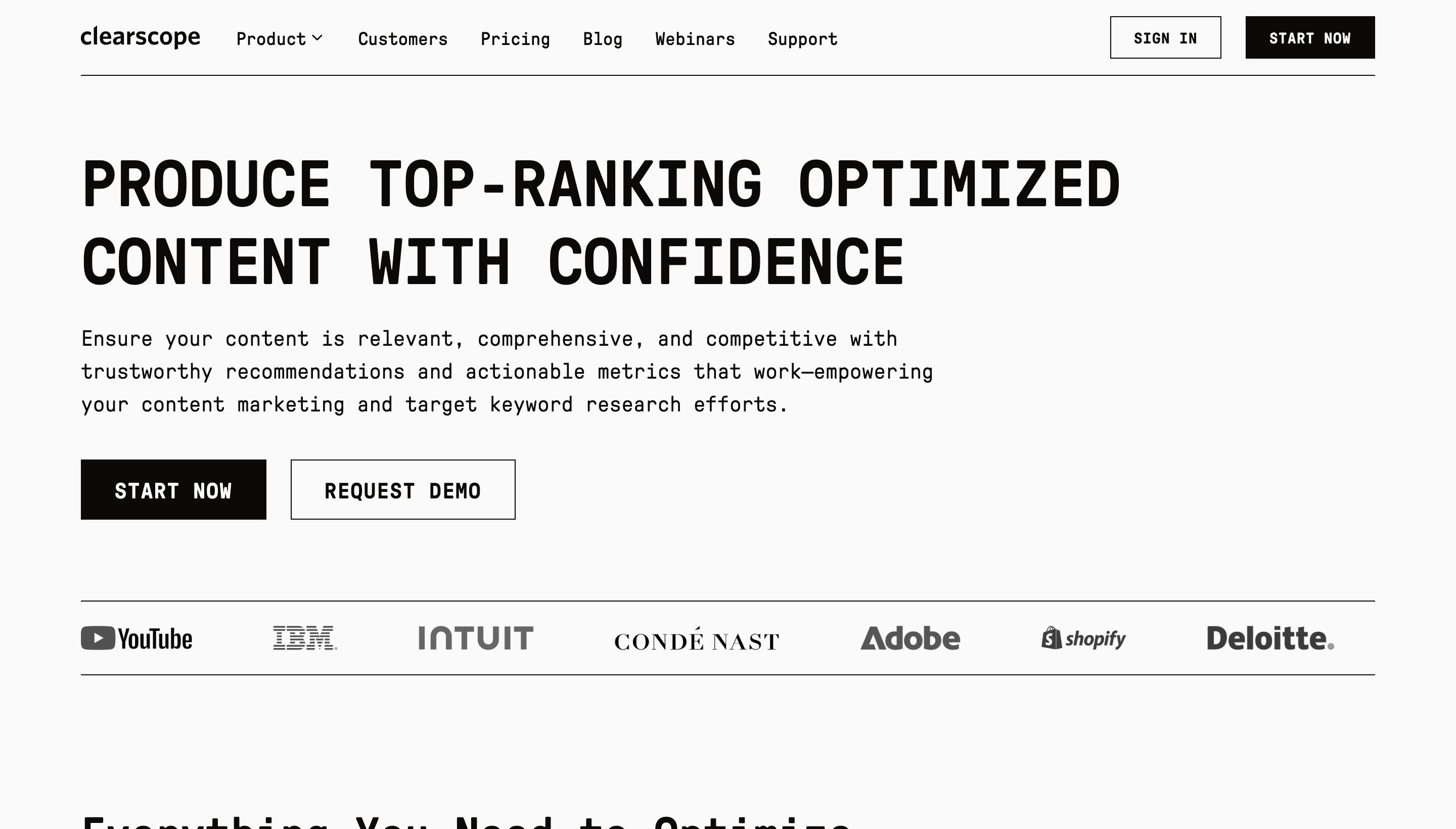 Clearscope content optimization product page: Produce Top-Ranking Optimized Content With Confidence