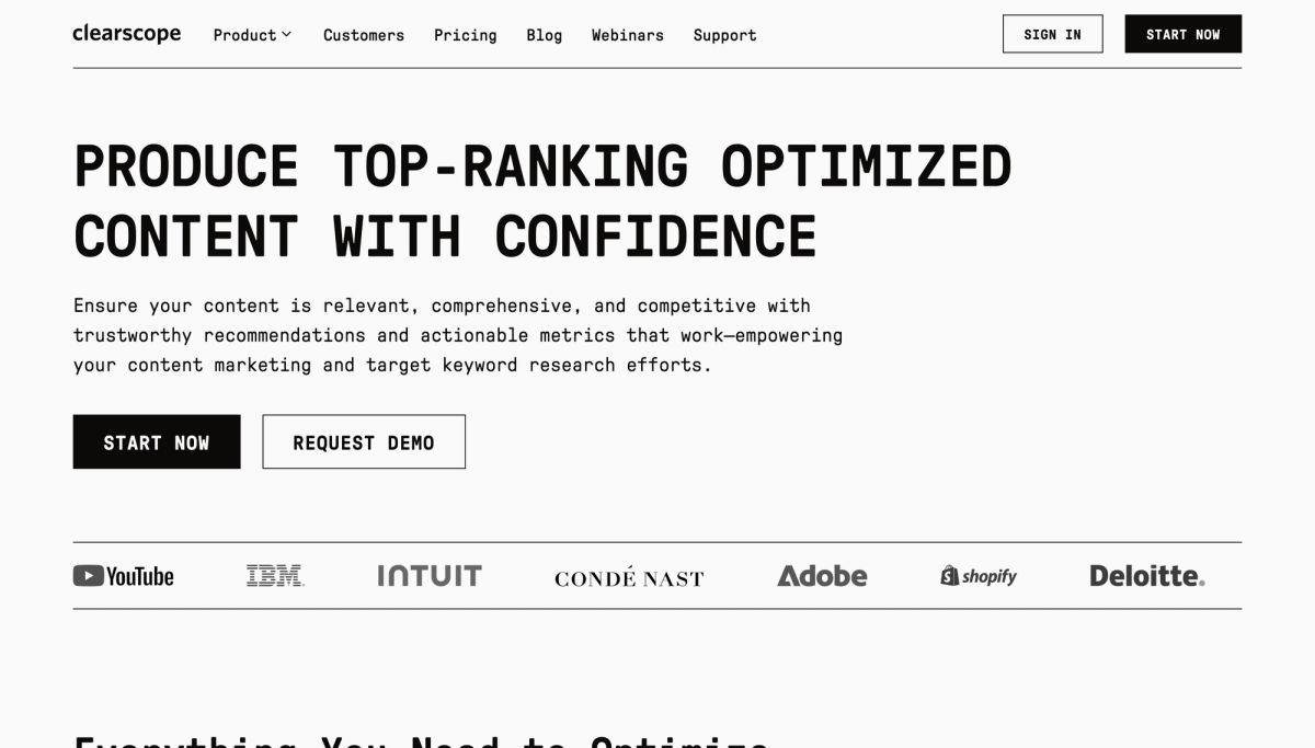 Clearscope content optimization product page: Produce Top-Ranking Optimized Content With Confidence