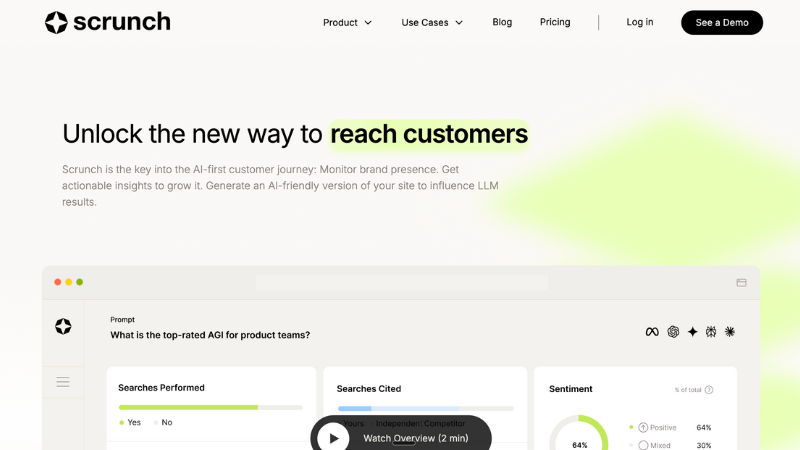 Screenshot of Scrunch AI website showing AI brand visibility checker features and multi-filter analysis.