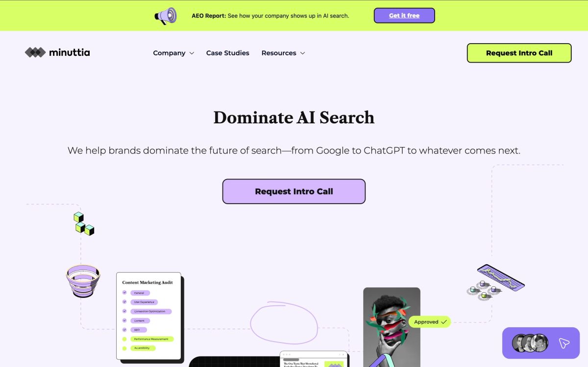 Minuttia B2B SaaS marketing agency homepage showing proprietary AI visibility tracking tools providing unique GEO advantage with flexibility and deeper AI performance insights