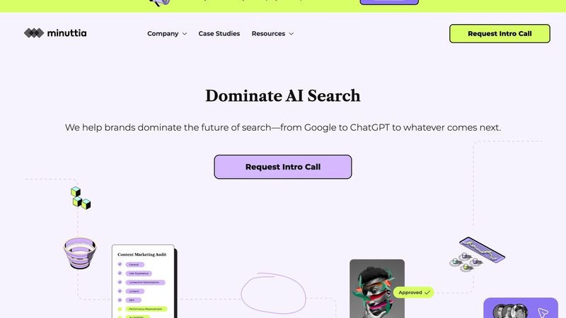 Minuttia B2B SaaS marketing agency homepage showing proprietary AI visibility tracking tools providing unique GEO advantage with flexibility and deeper AI performance insights