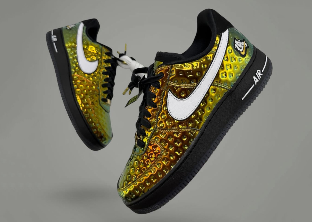 This Nike Air Force 1 Low Warning Label PE is a Gold Medal