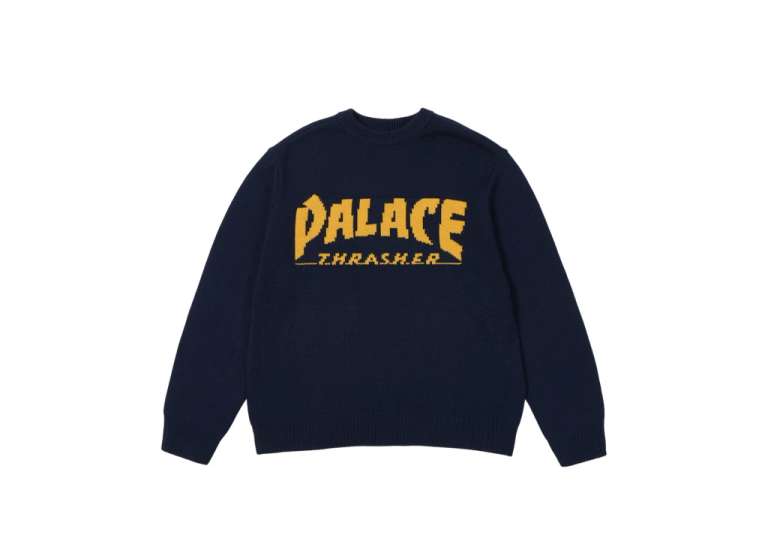 Palace Thrasher Collab Knit Sweater in Navy and Gold