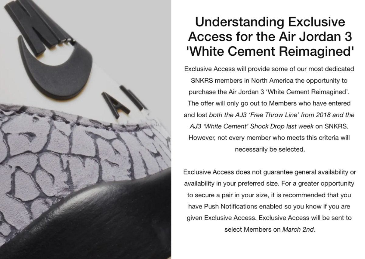 SNKRS Air Jordan 3 White Cement Reimagined Exclusive Access selection criteria