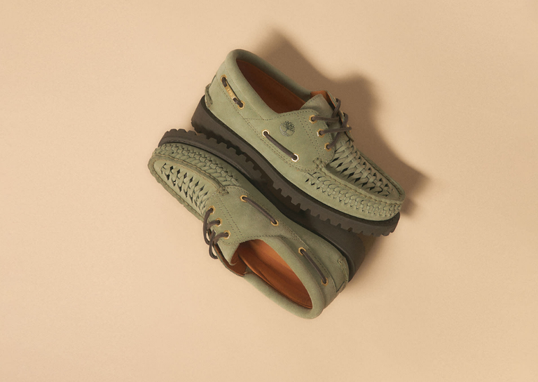END x Timberland Authentic 3-Eye Boat Shoe Light Green Suede Angle