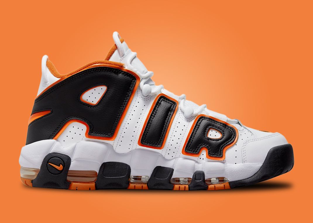 Nike uptempo orange hot sale and black